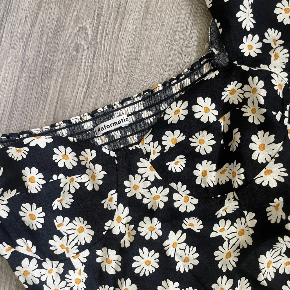 Reformation Reign Daisy Top Black Floral Puff Sleeve Crop Top Size 0